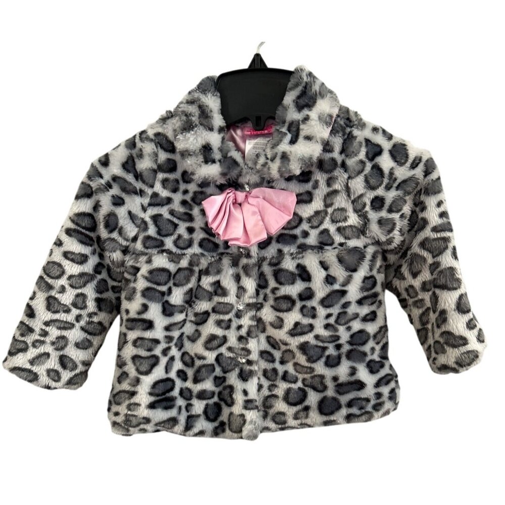 Girls Faux Fur White Gray Leopard Print Coat Pink Bow Accent & blingy Buttons 3T